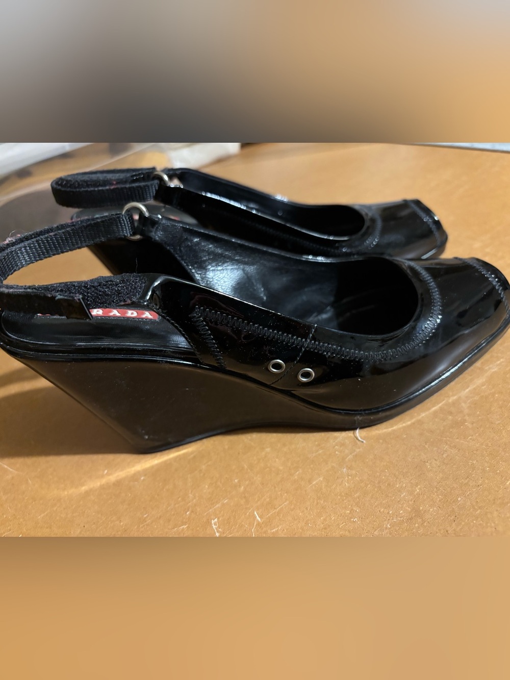 Prada Black Patent Wedge Slingback Shoes